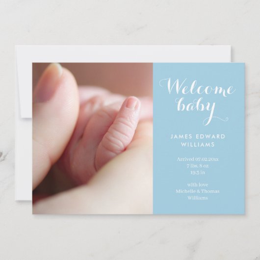 Fotos van baby jongen Monogram Blauwe script Gebor Aankondiging (Voorkant)