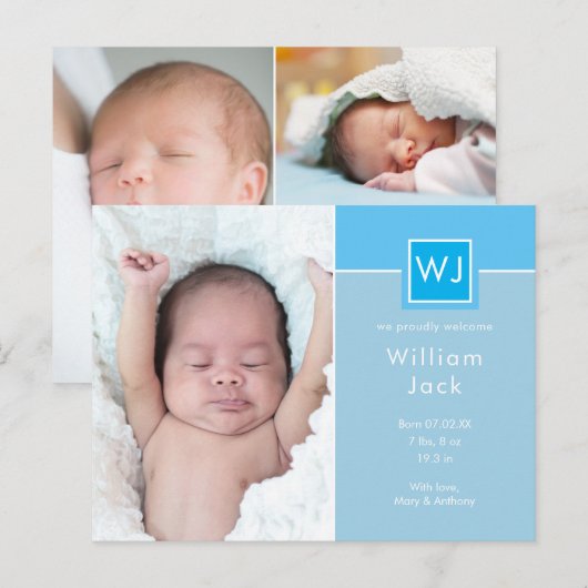 Foto's van babyjongen Blauw Elegant Chic Initiaal  Aankondigingskaart (Voorkant / Achterkant)