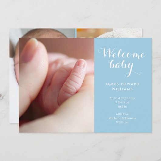 Foto's van babyjongen Monogram Blauwe scriptie Geb Aankondiging (Voorkant / Achterkant)