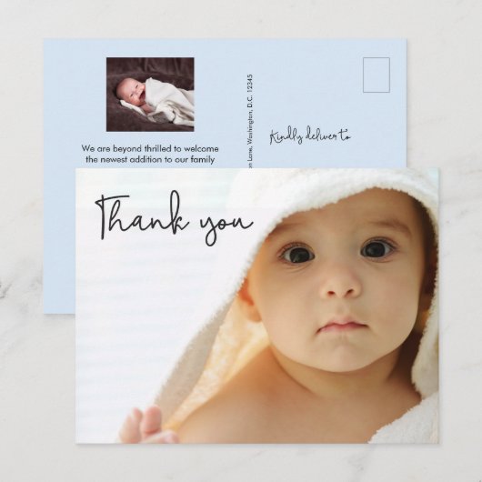 Foto's van de baby van de douane Blauw Modern Dank Aankondigingskaart (Voorkant / Achterkant)