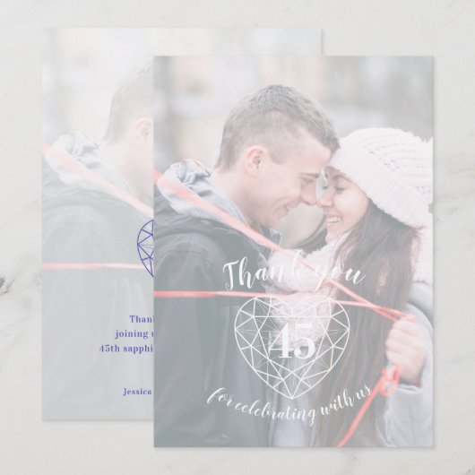 Foto's van de blauwe saffierse verjaardag 45 jaar bedankkaart (Voorkant / Achterkant)