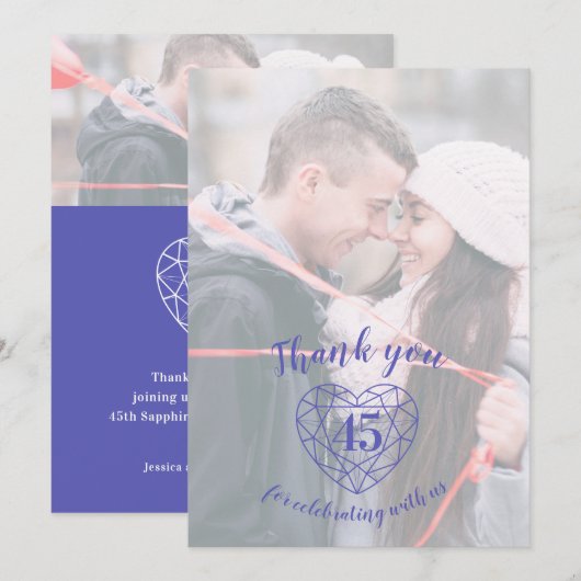 Foto's van de blauwe saffierse verjaardag 45 jaar bedankkaart (Voorkant / Achterkant)