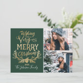 Foto's van de prettige kerstgroene en goudfeesteli feestdagenkaart (Staand voorkant)