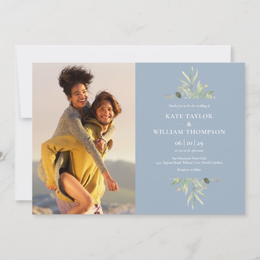 Foto's van Elegant Dusty Blue Greenery Wedding Kaart (Voorkant)