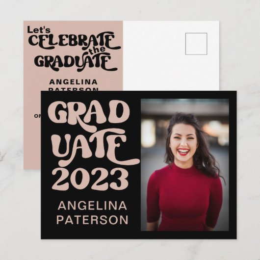 Foto's van Retro Black & Roze Afstuderen partij Uitnodiging Briefkaart (Voorkant / Achterkant)