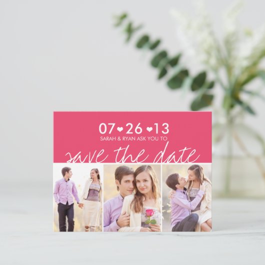 Foto's van Save the Date Pink Stripe Hearts Briefk Aankondigingskaart (Staand voorkant)