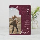 Foto's vet namen script arch bogundy bruiloft kaart (Staand voorkant)