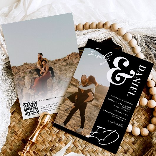 Foto's vet namen script boog zwart bruiloft kaart