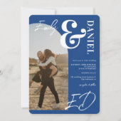 Foto's vette namen script boog retro blauw bruilof kaart (Voorkant)