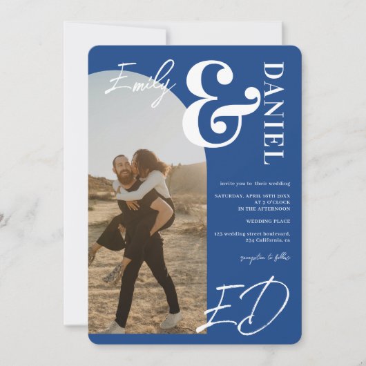 Foto's vette namen script boog retro blauw bruilof kaart (Voorkant)