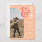 Foto's vette namen script boogperzik zalm bruiloft kaart (Voorkant)