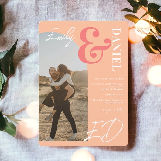 Foto's vette namen script boogperzik zalm bruiloft kaart