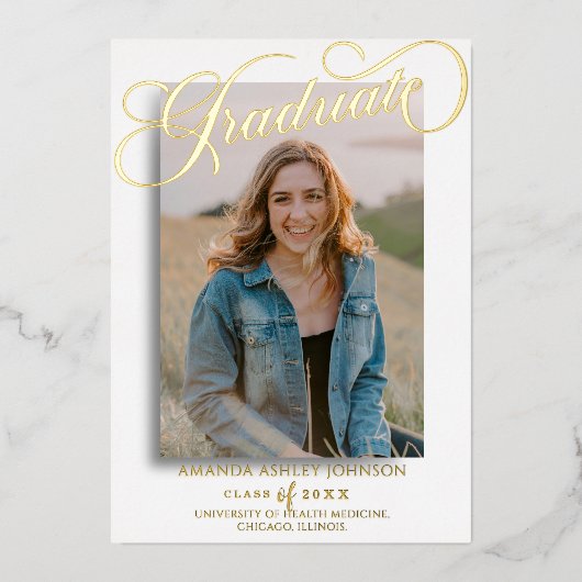 Fotoscript Afstuderen zwart wit Afstuderen Folie Uitnodiging (Voorkant)