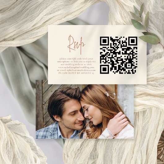 Fotoscript Terracotta Cream QR Bruiloft RSVP Kaart