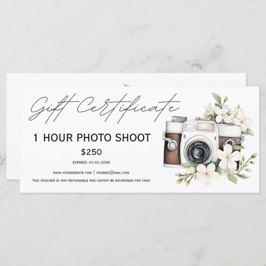 Fotoshoot sessie voucher cadeaubon (Voorkant / Achterkant)