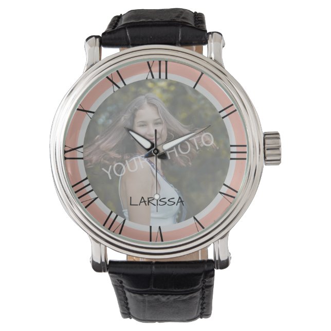 Fotosjabloon Afbeelding Roos Roze Cute Custom Name Horloge (Voorkant)