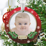 Fotosjabloon | Baby's 1st Christmas (rood) Ornament<br><div class="desc">Het is een schattig lijst ornament om het eerste kerstfeest van de baby te vieren. Rode achtergrond met sneeuwvlokken en heilig.</div>