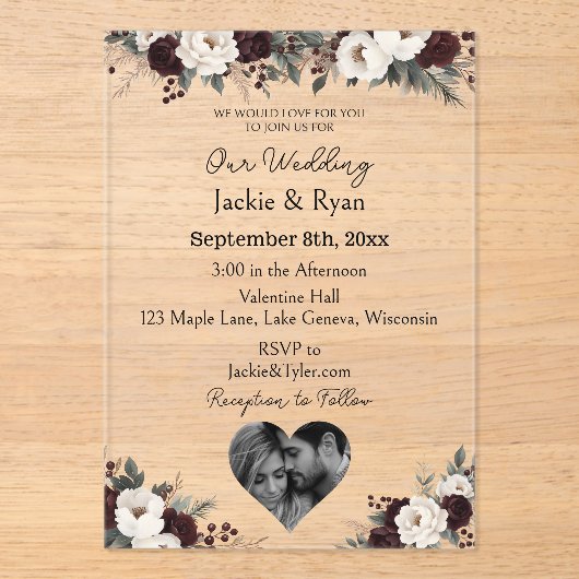 Fotosjabloon Botanische doorschijnende bruiloft Acryl Uitnodigingen (Voorkant)