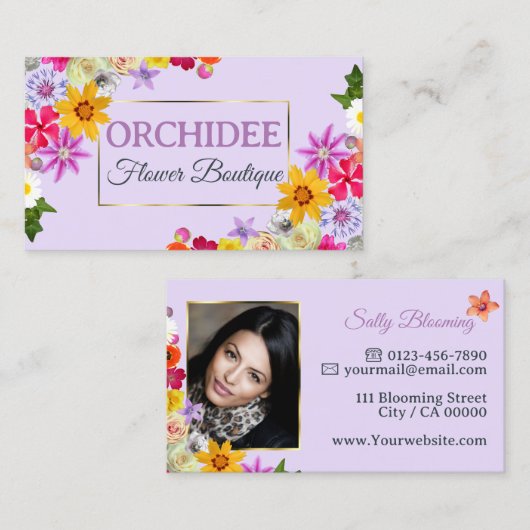 Fotosjabloon Elegante Wildflowers Goud Lila Chic Visitekaartje (Voorkant / Achterkant)