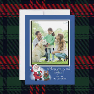 Fotosjabloon Santa Funny Labrador Reindeer Blue Feestdagenkaart