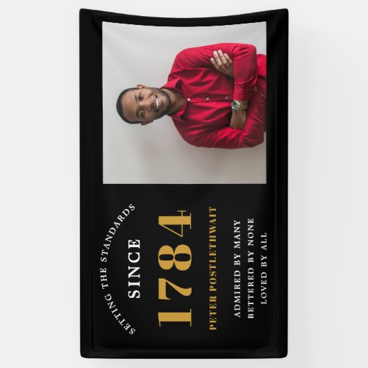 Fotosjabloon Verjaardagsfeestje Zwart Goud Elk Jaa Spandoek (Verticaal)