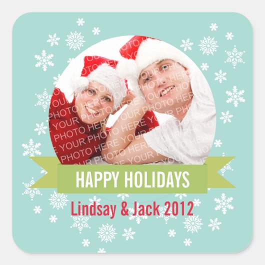 Fotosneeuw wereldbol groene banner kerst sticker (Voorkant)