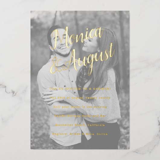 Fotostellen Shower Engagement Party Gold Folie Uitnodiging (Voorkant)