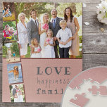 Fotostrips Collage Love Gelukkig Family Roze Legpuzzel<br><div class="desc">Aangepaste foto-puzzel met 6 van je eigen foto's. De fotocollage kenmerkt 1 landschaps afbeelding plus 5 portretfoto's, plaatste de stijl van de fotostrip. Het ontwerp is prachtig geformuleerd, vooral als cadeau voor het gezin, dat ... liefde voor geluk familie ... in trendy typemachine stijl en bizarre typografie. De puzzel heeft...</div>