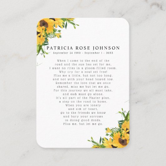Fotosympathie voor zonnebloem Funeral Memorial Kaa Visitekaartje (Voorkant)