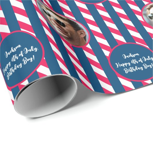 Fototekst Rood Blauw Wit 4th van Juli Gestreept Cadeaupapier (Rol Hoek)
