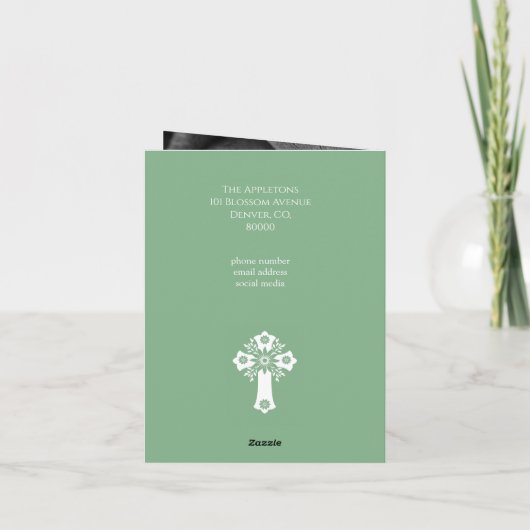 Fotouitnodiging Eenvoudige doop Cross Sage Groen Feestdagen Kaart (Achterkant)