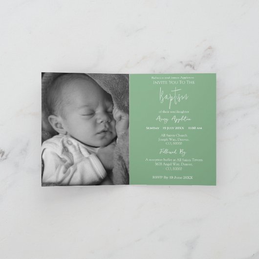Fotouitnodiging Eenvoudige doop Cross Sage Groen Feestdagen Kaart (Binnen)