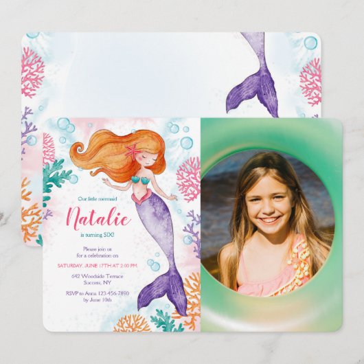 Fotouitnodiging van Mermaid Party Kaart (Voorkant / Achterkant)