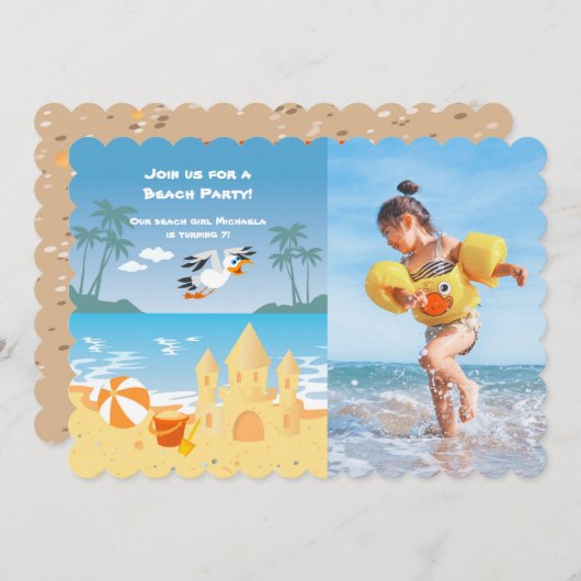 Fotouitnodiging voor Beach Sand Castle verjaardags Kaart (Voorkant / Achterkant)