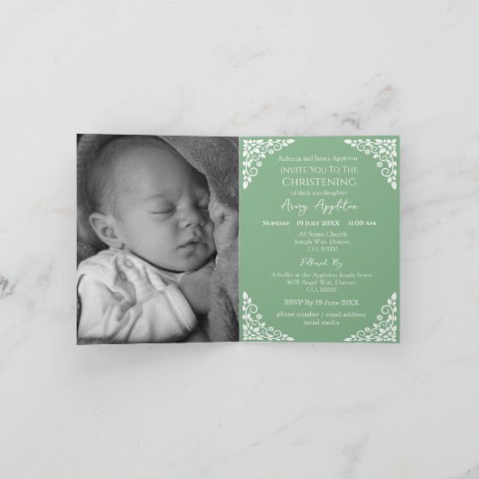 Fotouitnodiging voor doop Cross Sage Green Feestdagen Kaart (Binnen)
