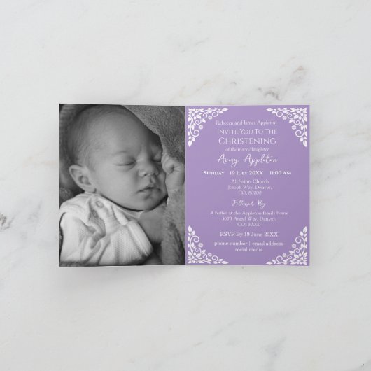 Fotouitnodiging voor doopkruis Lila Feestdagen Kaart (Binnen)