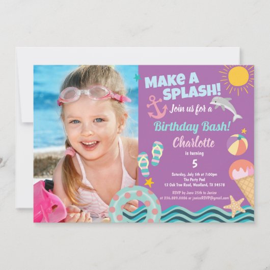 Fotouitnodiging voor feestdag in pool voor meisje kaart (Voorkant)