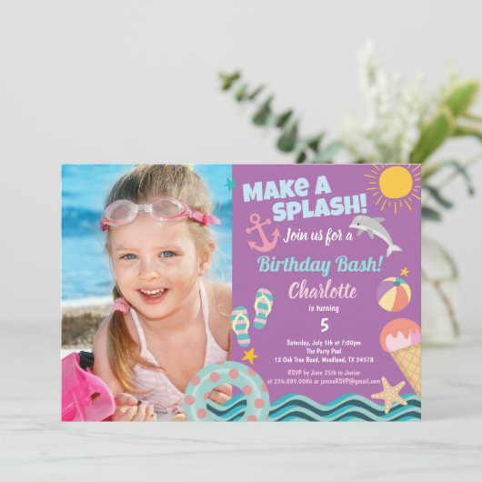 Fotouitnodiging voor feestdag in pool voor meisje kaart (Staand voorkant)