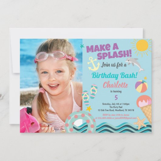 Fotouitnodiging voor feestdag in pool voor meisje kaart (Voorkant)