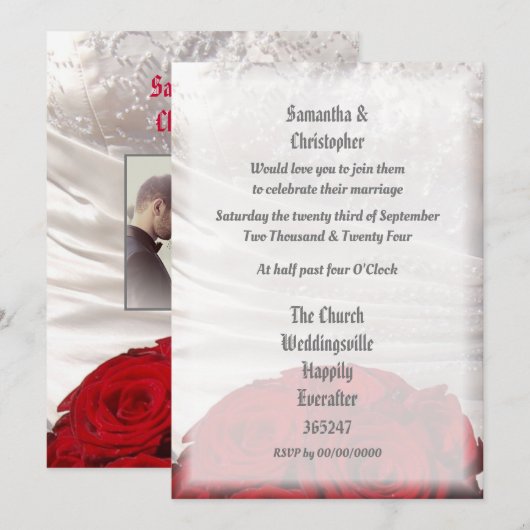 Fotouitnodiging voor Rode florale bouquet bruiloft Kaart (Voorkant / Achterkant)