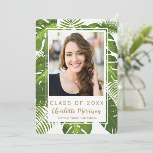 Fotouitnodiging voor tropisch groen afstuderen kaart (Staand voorkant)