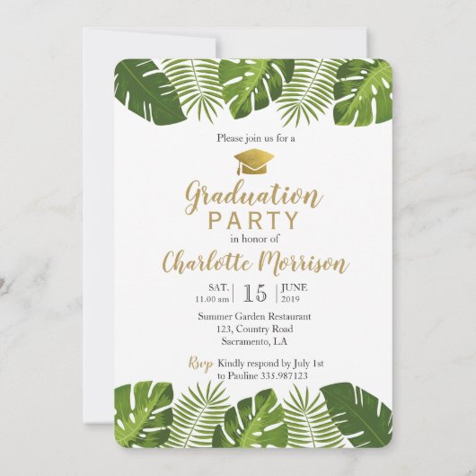 Fotouitnodiging voor tropisch groen afstuderen kaart (Achterkant)