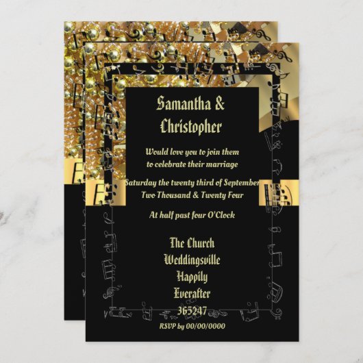 Fotouitnodiging voor zwarte en gouden bruiloft kaart (Voorkant / Achterkant)