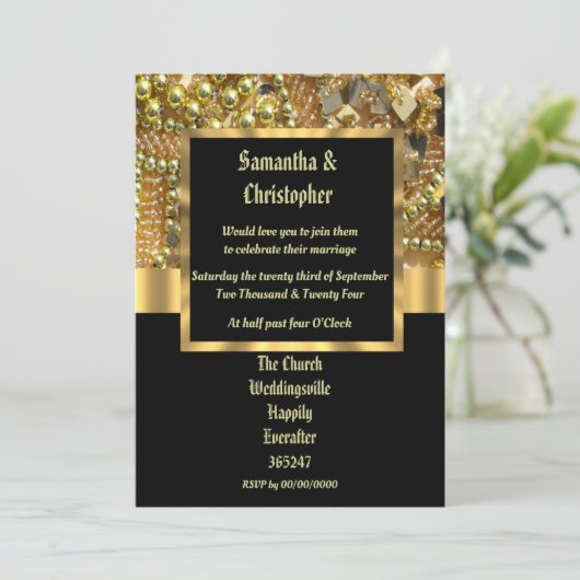 Fotouitnodiging voor zwarte en gouden bruiloft kaart (Staand voorkant)
