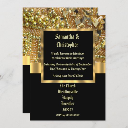 Fotouitnodiging voor zwarte en gouden bruiloft kaart (Voorkant / Achterkant)