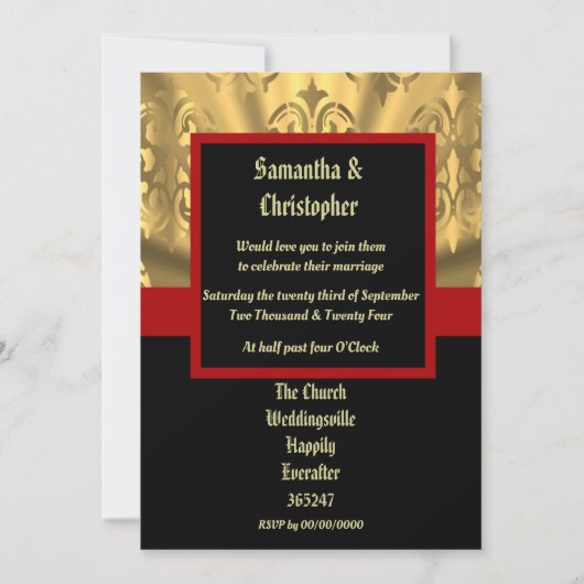 Fotouitnodiging voor zwarte rode en gouden bruilof kaart (Voorkant)