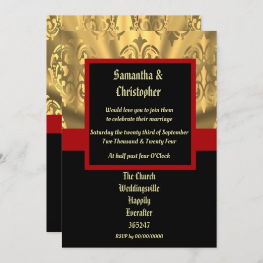 Fotouitnodiging voor zwarte rode en gouden bruilof kaart (Voorkant / Achterkant)