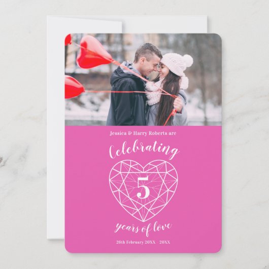 Fotouitnodigingen voor het roze hart 5 jaar kaart (Voorkant)