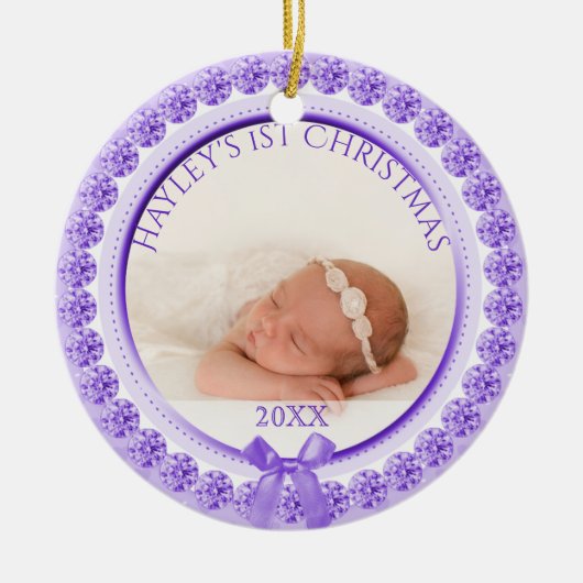 Fotoversiering | Eerste Kerstkerst Paars babymeisj Keramisch Ornament (Voorkant)