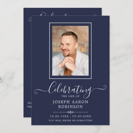 Fotoviering van het leven Orde van de dienst blauw Programmakaart (Voorkant / Achterkant)